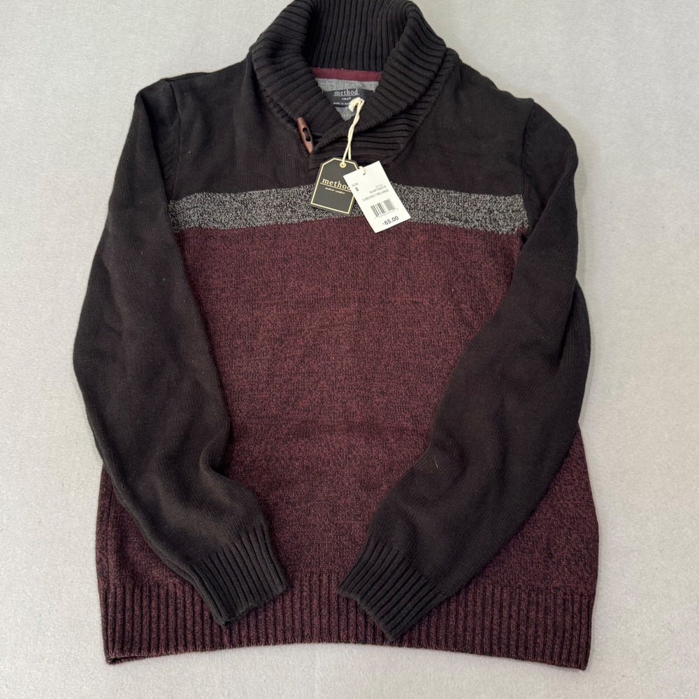 Method Sweater Mens Small Cabernet Melange Colorblock Shawl Collar Toggle Knit